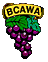 BCAWA logo - a set of purple grapes, with a yellow banner above the grapes, the banner has the words BCAWA